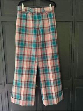 Vintage K-Mart Women’s Plaid Wide-Leg Trousers in Teal & Pink.